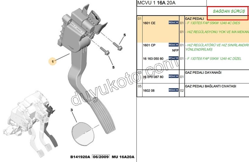 PEDAL GAZ P B P 1.3JTD SAG DIREKSIYON