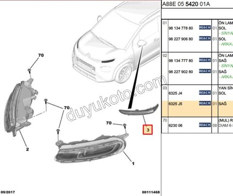 Peugeot 508 Citroen C3 Aircoss C4 Picasso DS4/DS5 Automobiles Ayna Sinyali Sağ 2011/2021