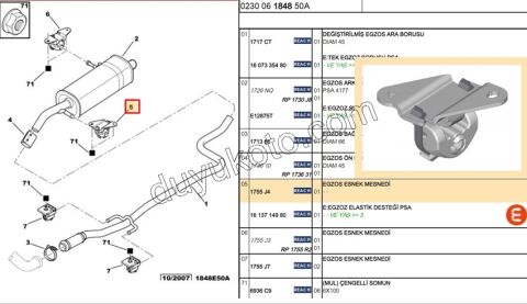 LASTIK ARKA EGZOZ ARKA ASKI P207 1.4HDİ Euro4 02/11 1.6VTi 120HP YAMUK AYAKLI