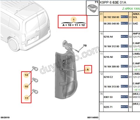 Peugeot Partner Citroen Berlingo Fiat Doblo Oepl Combo Stop Lambası Sol (Bagaj Kapak Çift) 2018/2024