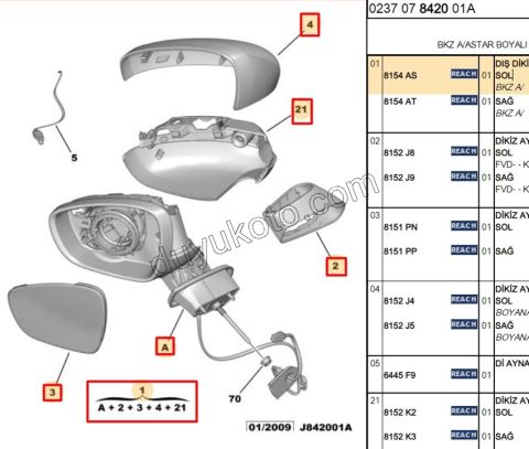 Citroen C3 Dikiz Aynası Sol Elektirikli Kapaklı Sinyalsiz 2009/2013