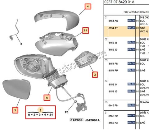 Citroen C3 Dikiz Aynası Sağ Elektirikli Kapaklı Astarlı Sinyalsiz 2009/2013