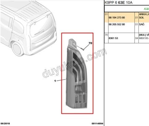 2019> Partner Rifter Stop Lambası Sol (Bagaj Tek Kapak Yukarı Açılır)