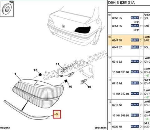 Peugeot 406 Stop Üst Çıtası Sağ D9 2003/2005