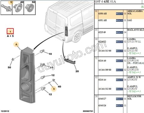 Peugeot Expert Citroen Jumpy Fiat Scudo Stop Lambası Sol 2008/2016
