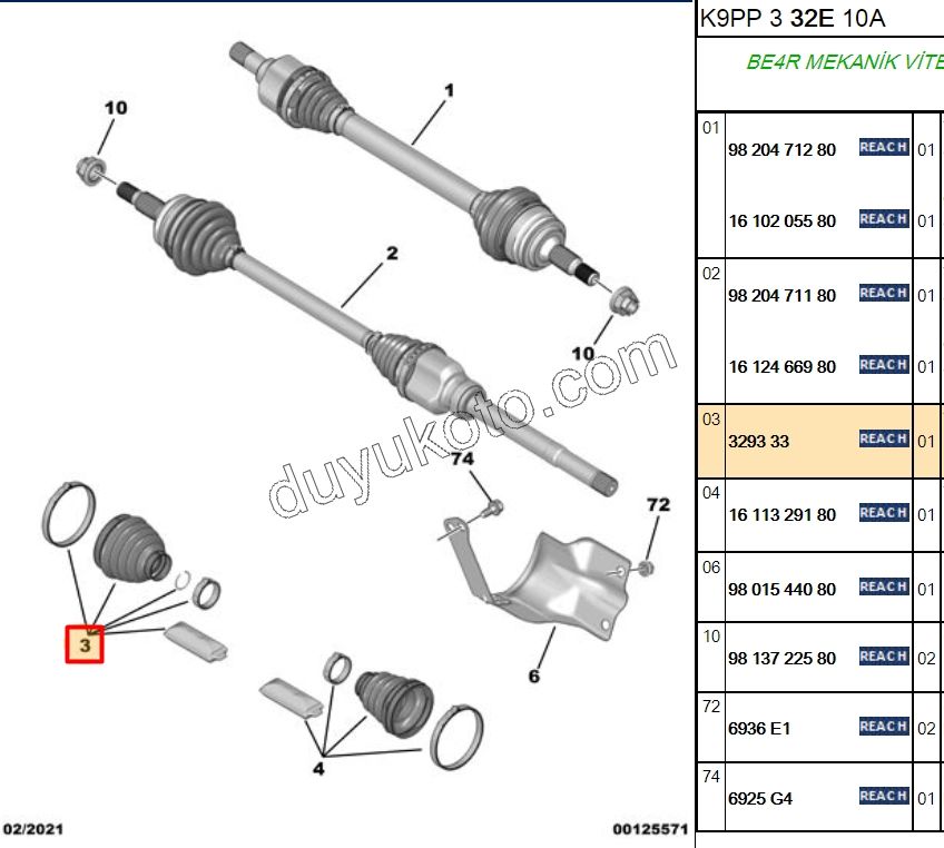 Aks Mili Dış Körüğü (Teker Tarafı)   PRT3 1.6HDİ Euro5 PRT4 1.5HDİ Euro6 D EXP3 1.6HDİ Euro4