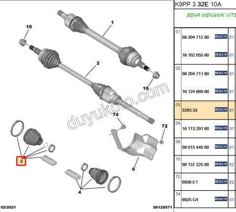 Aks Mili Dış Körüğü (Teker Tarafı)   PRT3 1.6HDİ Euro5 PRT4 1.5HDİ Euro6 D EXP3 1.6HDİ Euro4