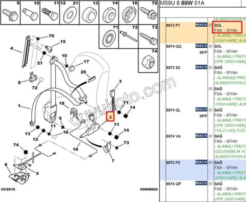 Ön Sol Emniyet Kemeri Tokası P306 PRT2 AIRBAG+ ALARM+