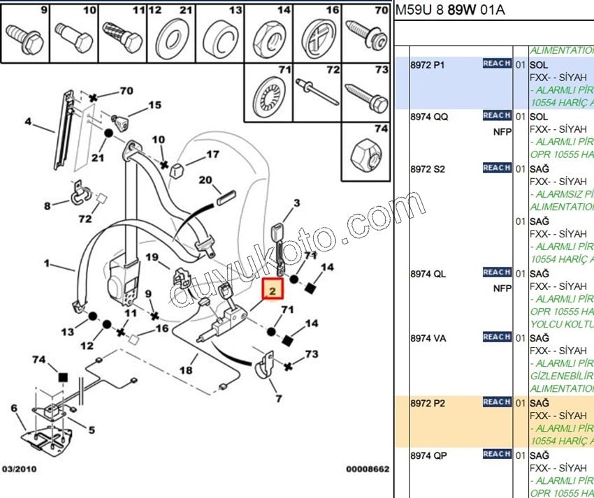 Ön Sağ Emniyet Kemeri Tokası P306 PRT2 AIRBAG+