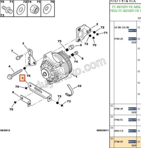 Alternatör Bağlantı Alt Ayağı P106 P205 P206 P306 P405 PRT1