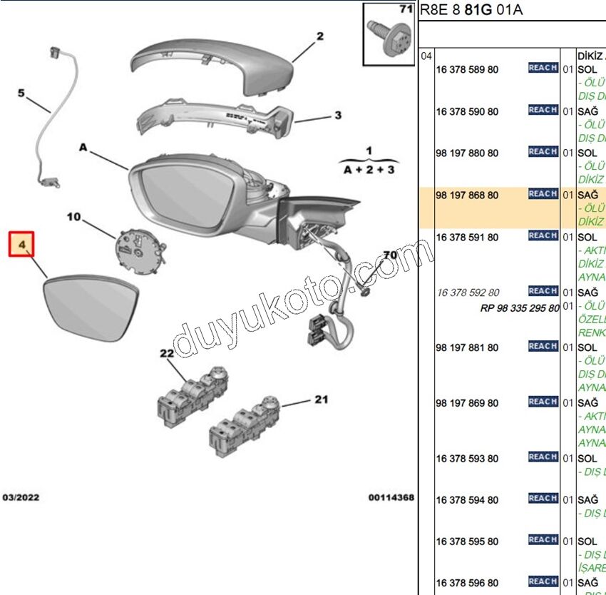 Peugeot 508 Dikiz Ayna Camı Sağ REZIS+ 2019/2023