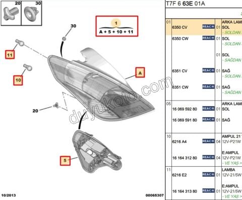 Peugeot 308 Stop Lambası Sol (Duylu) 2008/2011