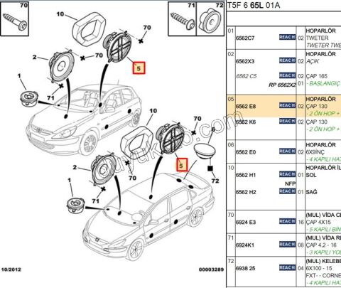 Peugeot 307 Partner Tepe ve Citroen Xsara Arka Kapı Hoparlör 13cm