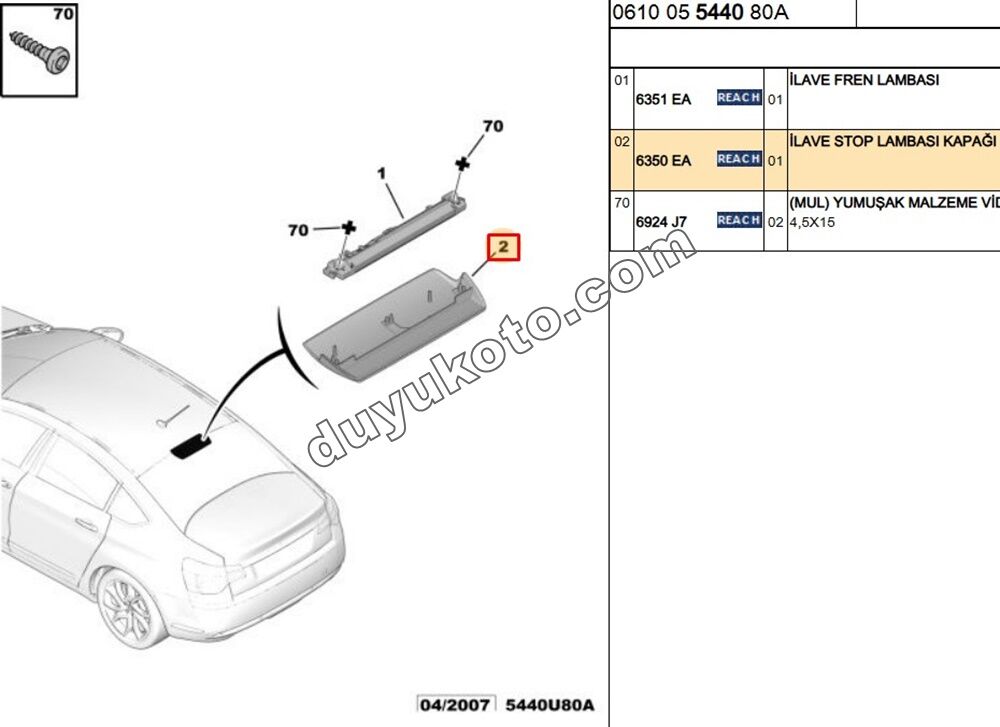 Citroen C5 İlave 3. Stop Lambası 2008/2012