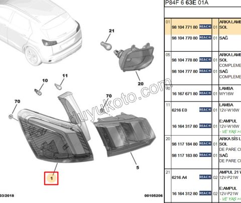 Peugeot 3008 5008 Stop Lambası Sol Dış (Çamurlukta) 2016/2020