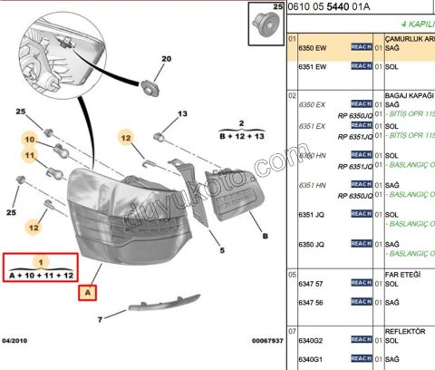 Citroen C5 Stop Lambası Sağ Dış (Çamurlukta) 2012/2017