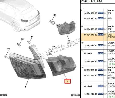 Peugeot 3008 5008 Stop Lambası Sağ İç (Bagaj Kapağı) 2016/2020