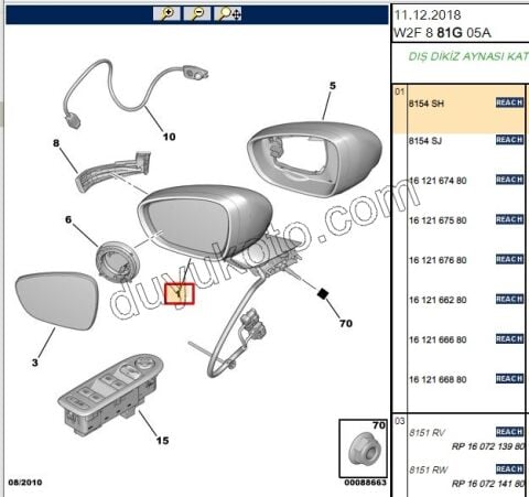 Peugeot 508 Dikiz Aynası Sol Elektirikli Katlanırlı 2011/2014