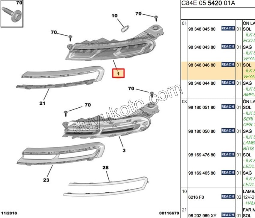 Citroen C5 Aircross Gündüz Farı Sol (Ledli) TEK PARCALI 2019/2022