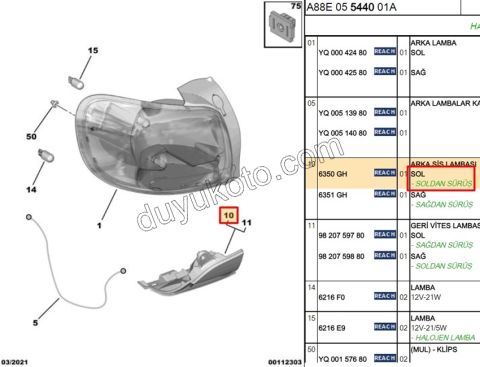 Peugeot 2008 Citroen C3 Aircoss Arka Sis Lambası Alt Sol 2013/2021