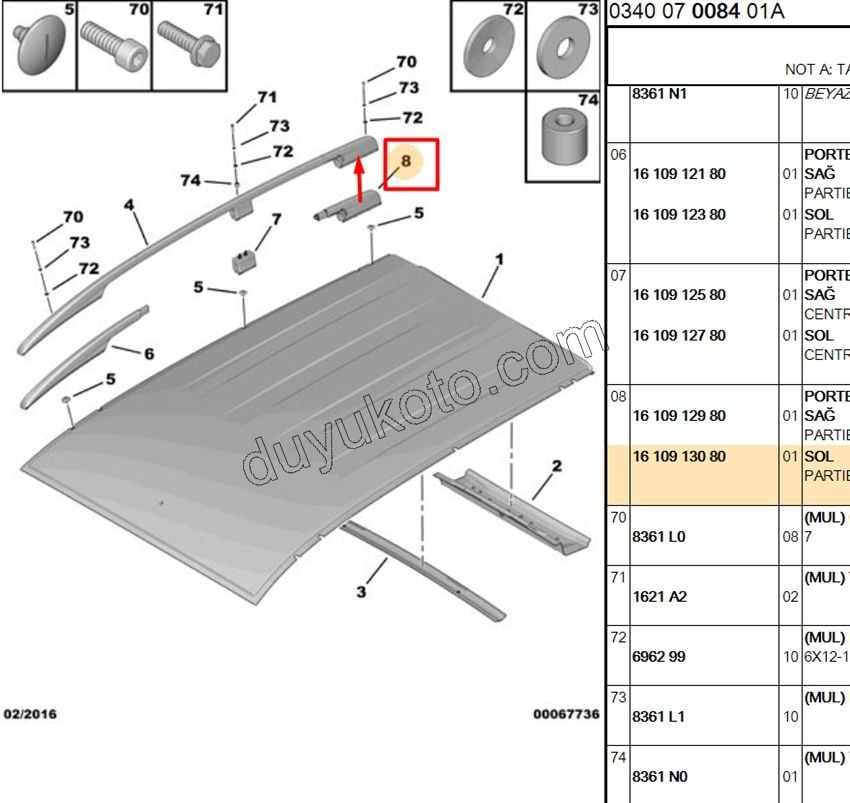 Peugeot Bipper Citroen Nemo Tavan Çıta Kapağı Arka Sol