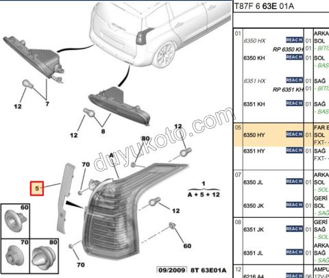 Peugeot 5008 PLASTIK ARKA STOP IC KENAR L SIYAH 2010/2016