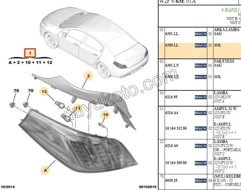 Peugeot 508 Stop Lambası Sol 2011/2014