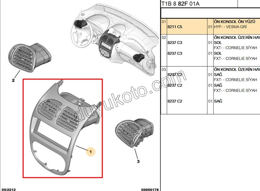 Peugeot 206 Kalorifer Hava Izgarası Orta Difizör (Çerçeveli) Siyah