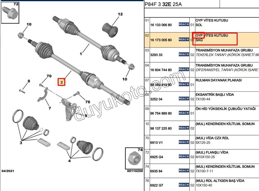 Aks Mili Sağ P3008 GRDX AT6 ATN8 1.5HDİ Euro6