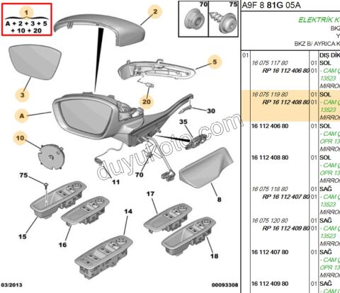 Peugeot 208 2008 Dikiz Aynası Sol 2012/2019