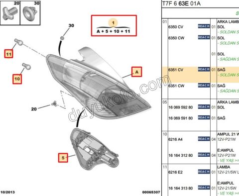 Peugeot 308 Stop Lambası Sağ (Duylu) 2008/2011