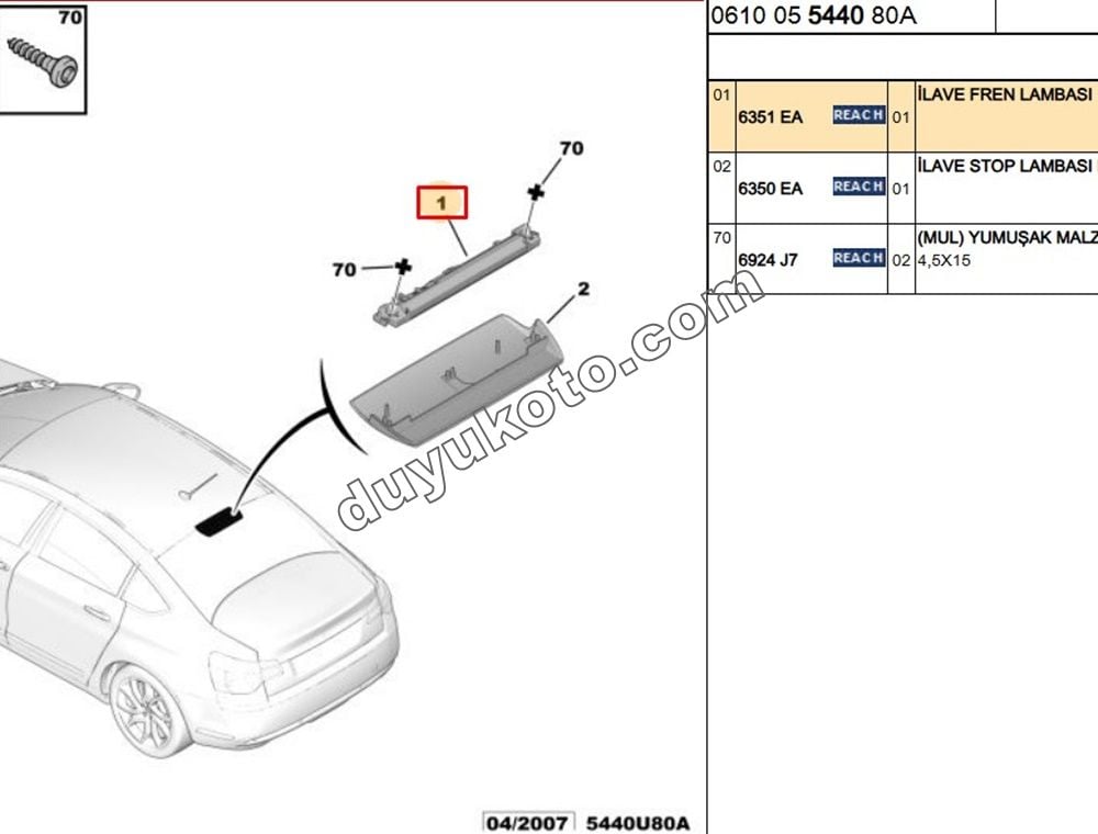 Citroen C5 İlave 3. Fren / Stop Lambası 2000/2012