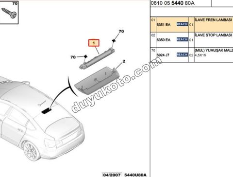 Citroen C5 İlave 3. Stop Lambası 2000/2012