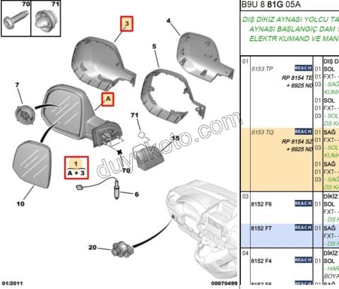 Dikiz Aynası Sağ PRT3 SIYAH BYK KAPAK+ 2 SOK 7PIN ISI + ( KAPAK