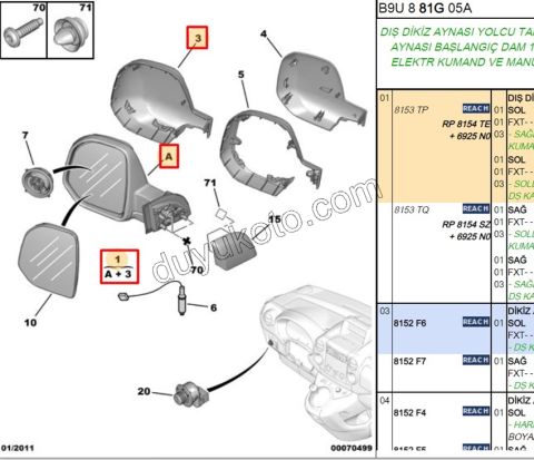 Dikiz Aynası Sol PRT3 AST BYK KAPAK+ 2 SOK 3+2PIN ( KAPAK 8152.F6 )