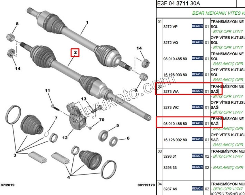 Aks Mili Sağ P208 DS3 C33 C3AIR CCT EB2 1.5HDİ Euro6 6 Vites