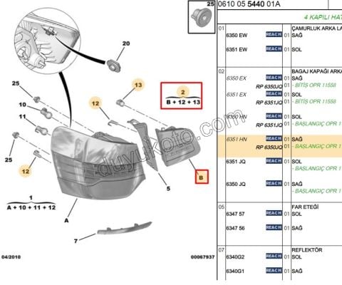 Citroen C5 Stop Lambası Sağ İç (Bagaj Kapağı) 2012> LED+ (ICI PEMBE)
