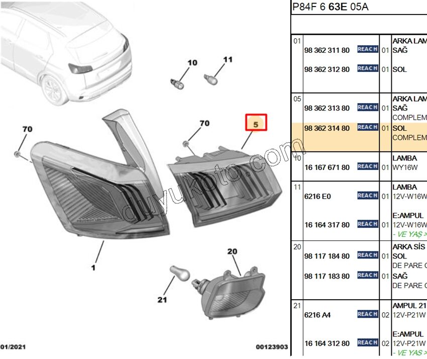 Peugeot 3008 5008 Stop Lambası Sol İç (Bagaj Kapağı) 2020/2024