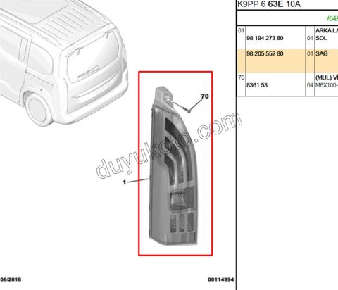 2019> Partner Rifter Stop Lambası Sağ (Bagaj Tek Kapak Yukarı Açılır)