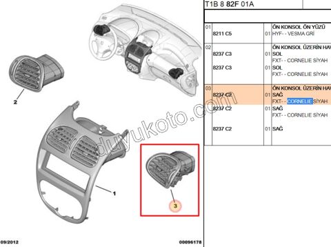 Peugeot 206 Kalorifer Hava Izgarası Sağ (Yolcu) Difizör Siyah