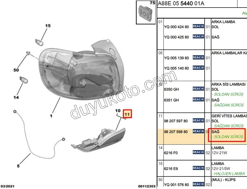 Citroen C3 Aircoss Arka Tampon Geri Vites Lambası Sağ 2017/2021