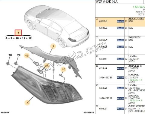 Peugeot 508 Stop Lambası Sağ 2011/2014