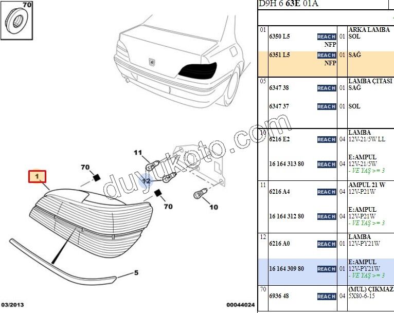 Peugeot 406 Stop Lambası Sağ  2003/2005 D9 Çıtasız