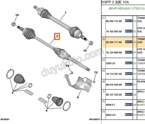 Aks Mili Sağ DB4 PRT4 1.5HDİ Euro6 D 100HP 6 VIT