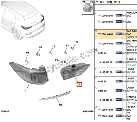 Opel GrandlandX   Stop Lambası Sağ İç (Bagaj Kapağı) GRDX