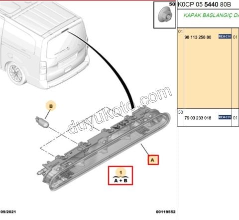 Peugeot Expert Citroen Jumpy Fiat Scudo İlave 3. Fren / Stop Lambası (Bagaj Tek Kapak Yukarı Açılır) 2017/2023