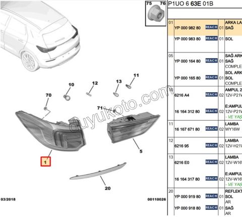 Opel GrandlandX Stop Lambası Sağ Dış (Çamurlukta)