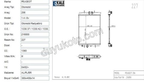 Motor Su Radyatörü P206 Klimasız 1.4L 75HP