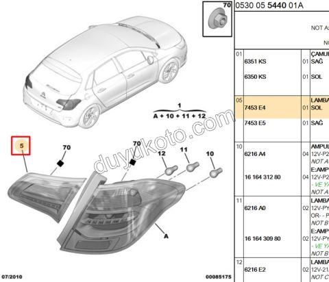 Citroen C4 Stop Lambası Sol İç (Bagaj Kapağı) 2010/2014