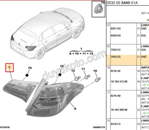 Citroen C4 Stop Lambası Sağ İç (Bagaj Kapağı) 2010/2014